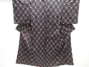 大正ロマン　格子に抽象模様織り出し銘仙着物